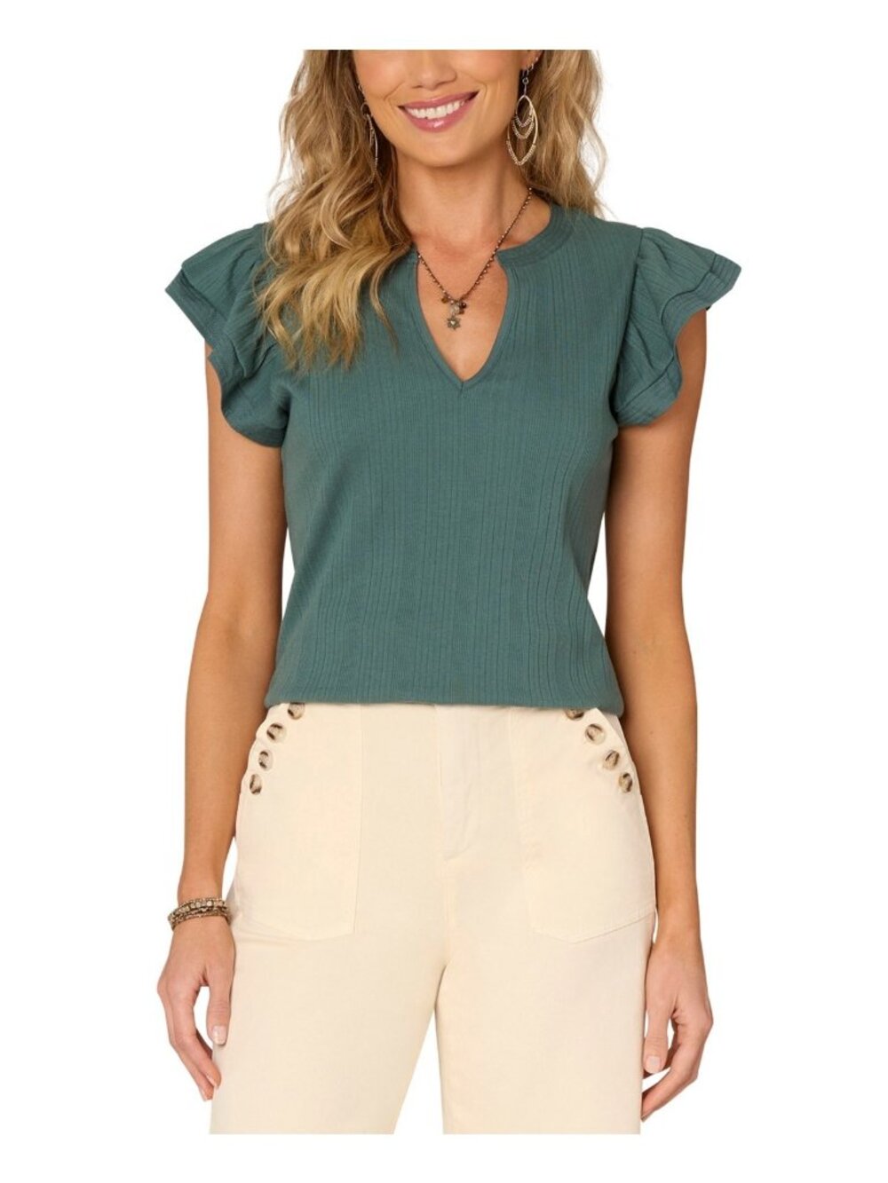 NWT Democracy Petite Flutter-Sleeve Split-Neck Top Green PXS MSRP $58